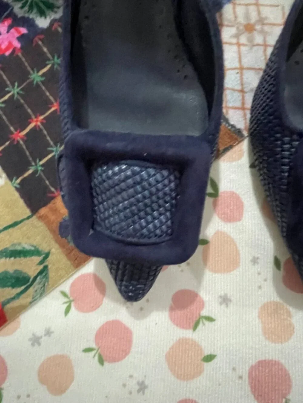 Manolo Blahnik Navy Woven Square-Buckle Mule Heels